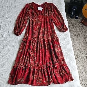 Boho Red Floral Tiered V-Neck Maxi Dress